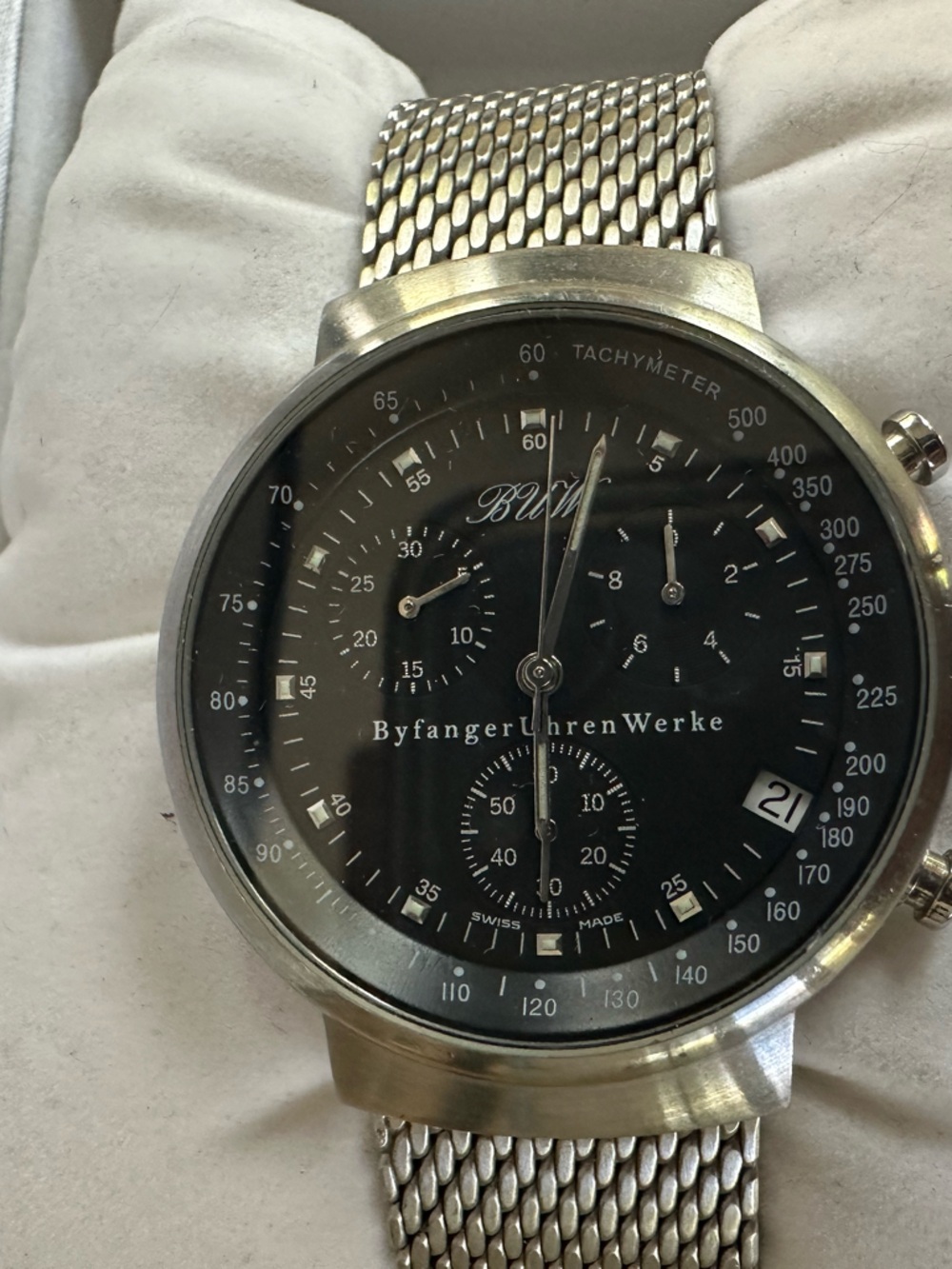 Byfanger Uhren Werke Swiss Made black chronograph watch featuring mesh band VGUC - Picture 8 of 8